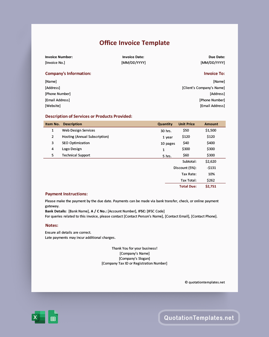 Office Invoice Template - Excel, Google Sheets