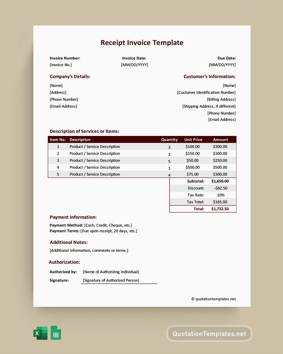 Receipt Invoice Template - Excel, Google Sheets
