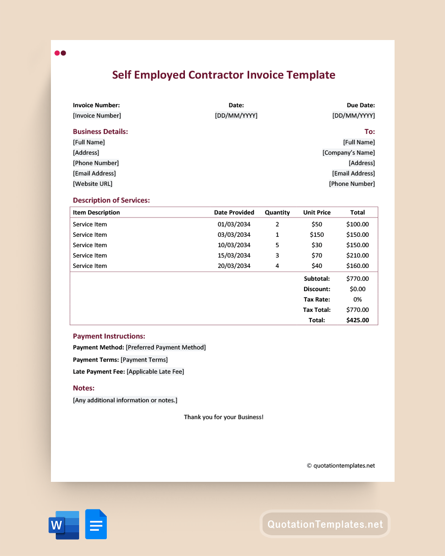Self Employed Contractor Invoice Template - Word, Google Docs
