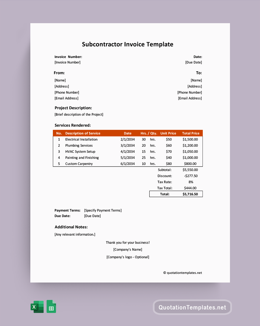 Subcontractor Invoice Template - Excel, Google Sheets