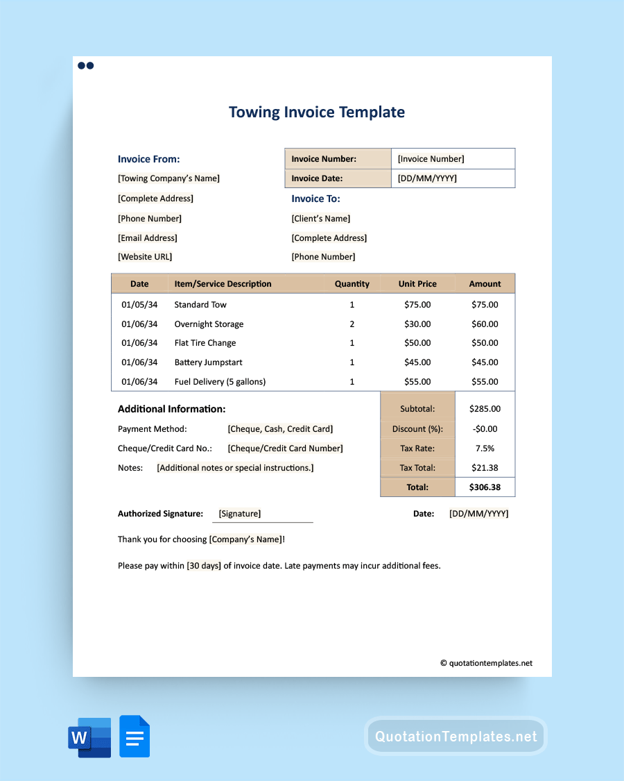 Towing Invoice Template - Word | Google Docs