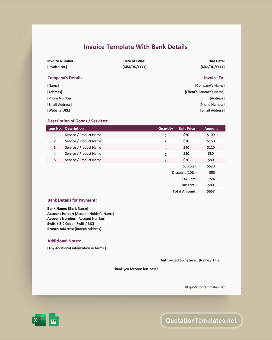 Invoice Template with Bank Details - Excel, Google Sheets