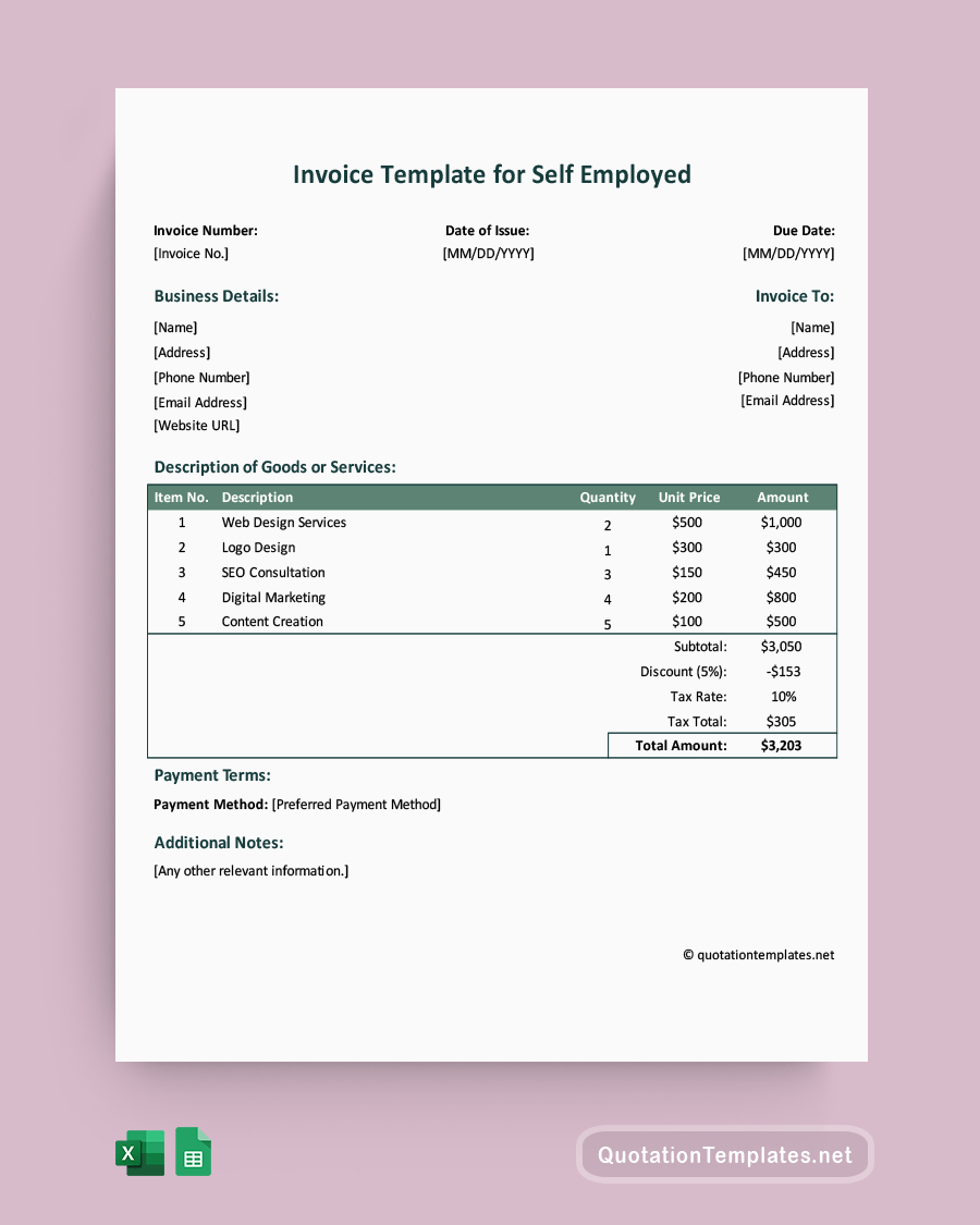Invoice Template for Self Employed - Excel, Google Sheets
