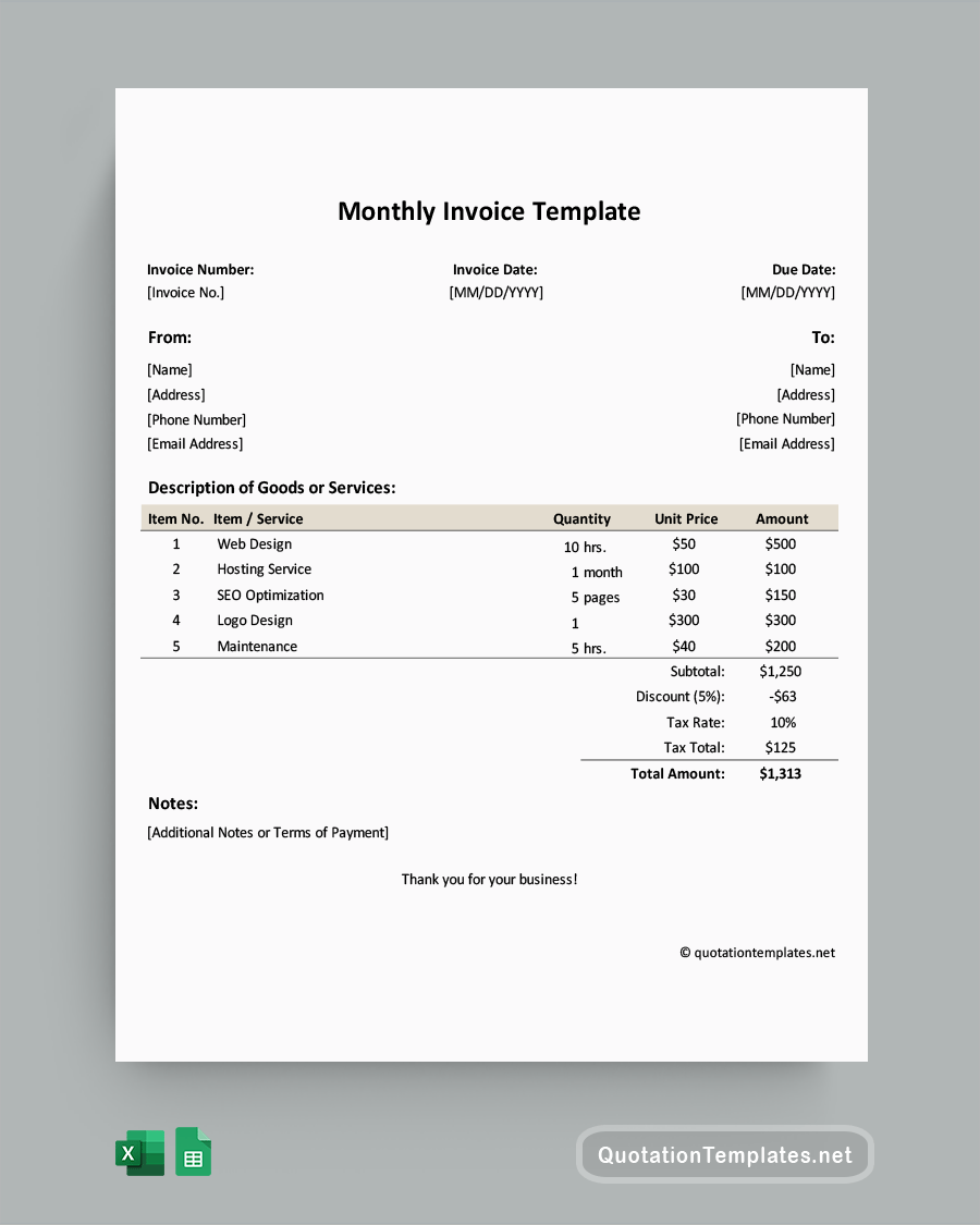 Monthly Invoice Template - Excel, Google Sheets