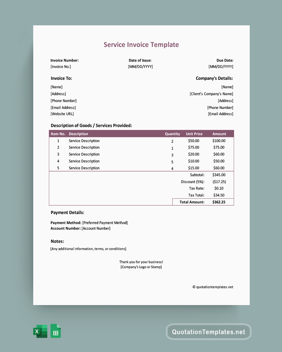 Service Invoice Template - Excel, Google Sheets